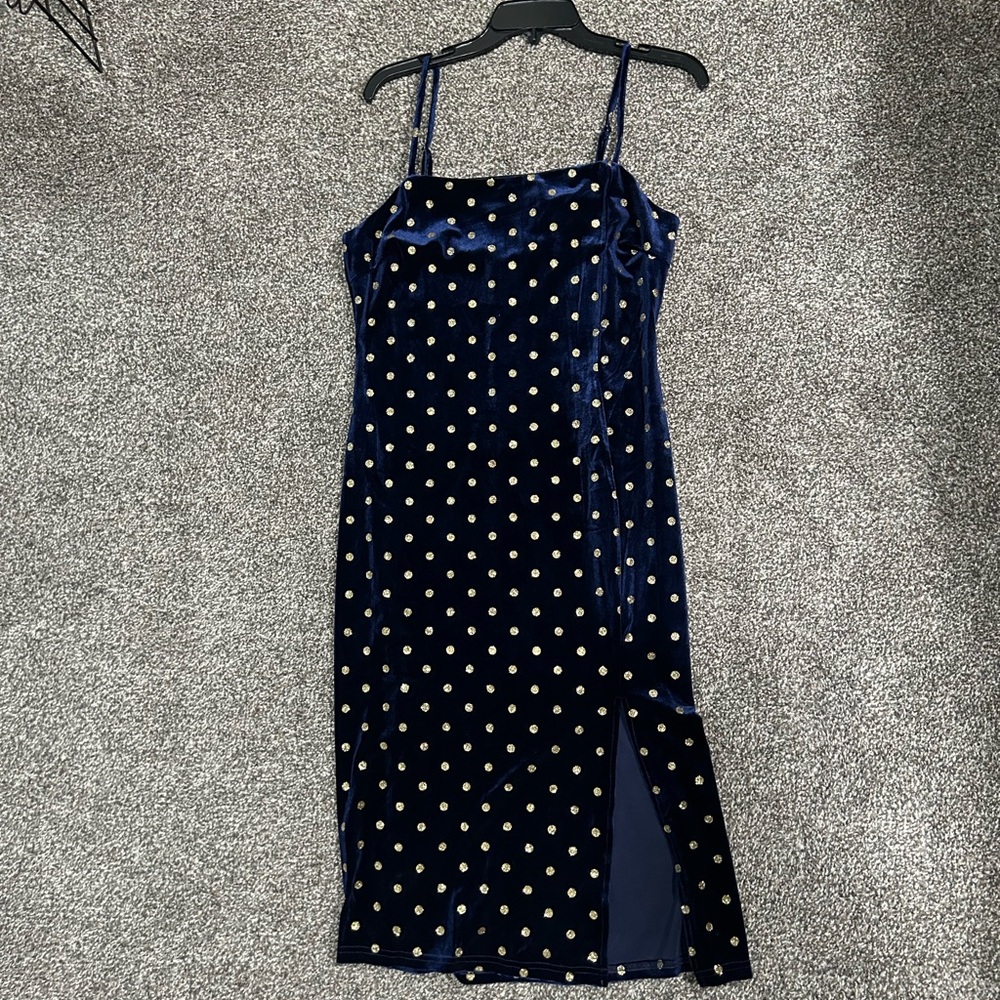 Lush Navy Velvet Polka Dot Midi Dress